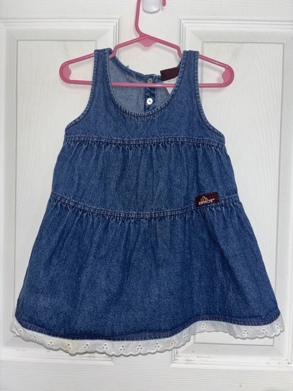 Vtg 90s Jordache Girl’s Denim Tiered Jumper Dress 4T Eyelet Trim USA Made